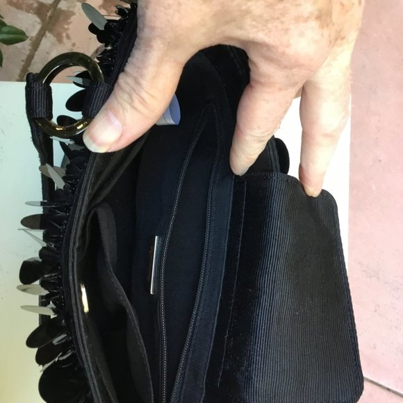 Talbots Black Ribbed Satin Hard Shell Tote Handbag w Paillette Sequins - Picture 9 of 9